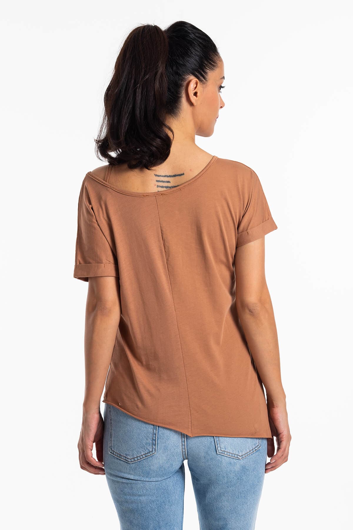Düşük Omuz Vintage T-Shirt Taba