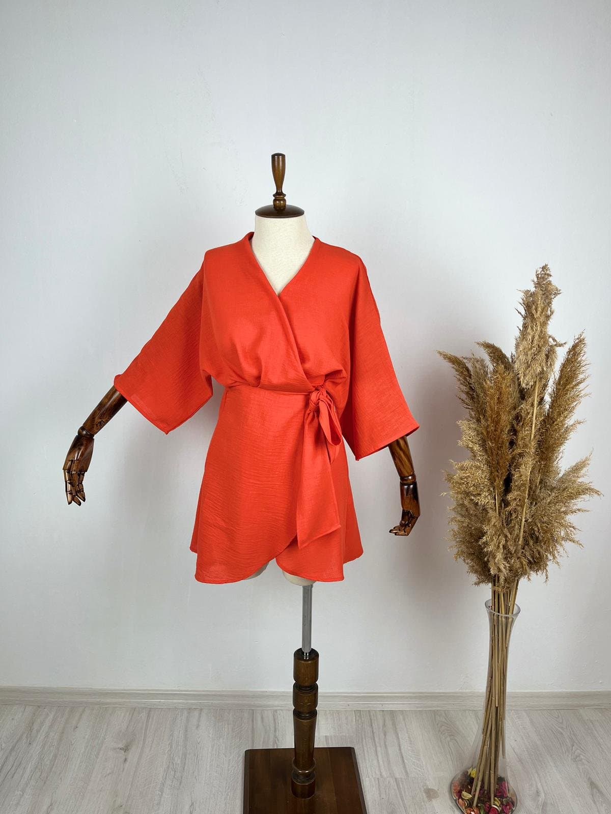 Kadın Fakir Kol Fiyonk Fetay Keten Kumaş Mini Kimono Elbise