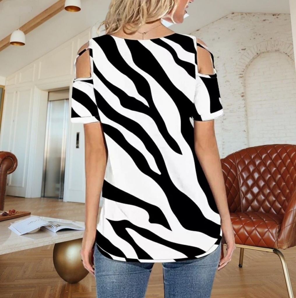 Kadın Omuz çapraz şerit Detay Zebra Desen Krep Bluz