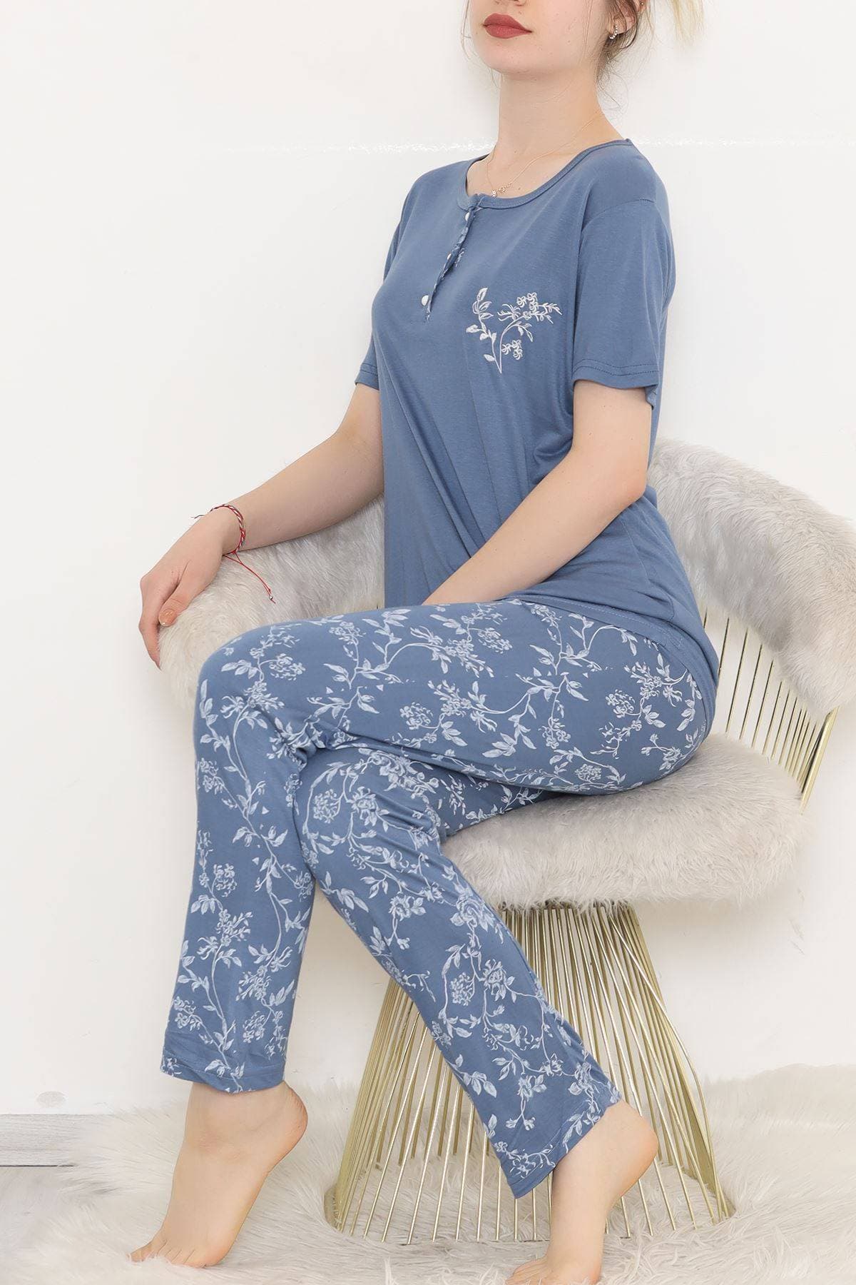 Desenli Pijama Takımı İndigobeyaz