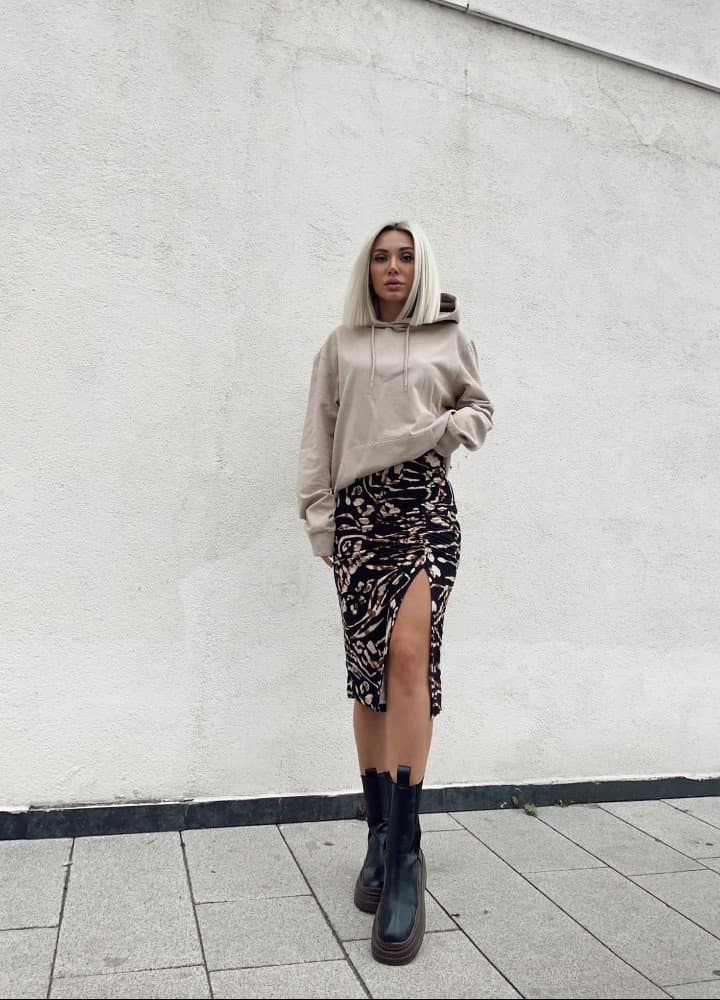 Kadın Dijital Baskılı Buzgü Detay Maxi Boy Yırtmaçlı Kalem Etek