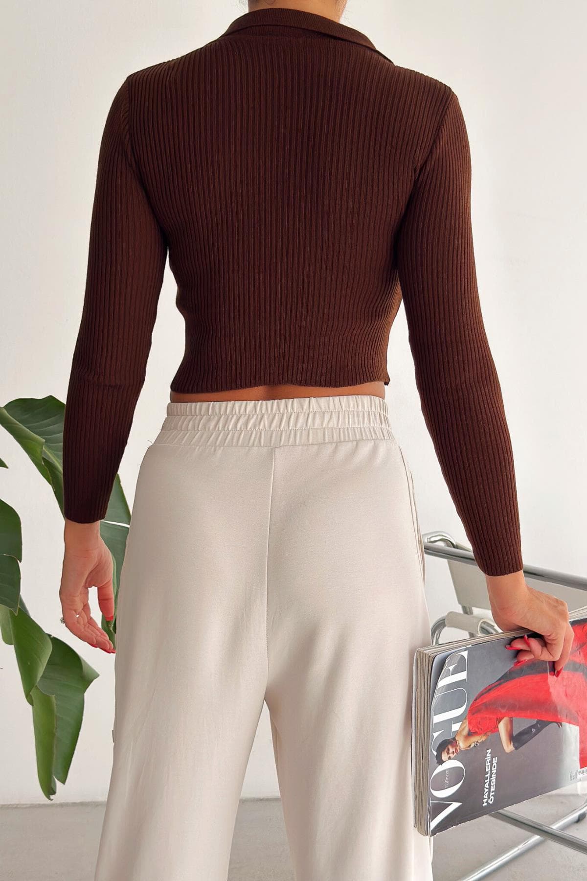 Polo Yaka Fitilli Basic Triko Kahve