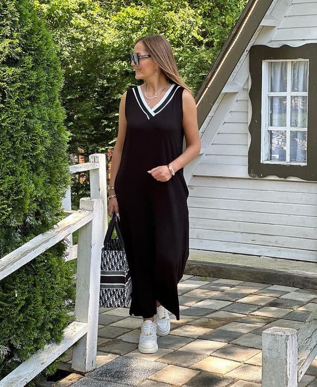 Kadın Ribana Detaylıv Yaka Sırt Fermuarlı Salaş Viskon Tulum