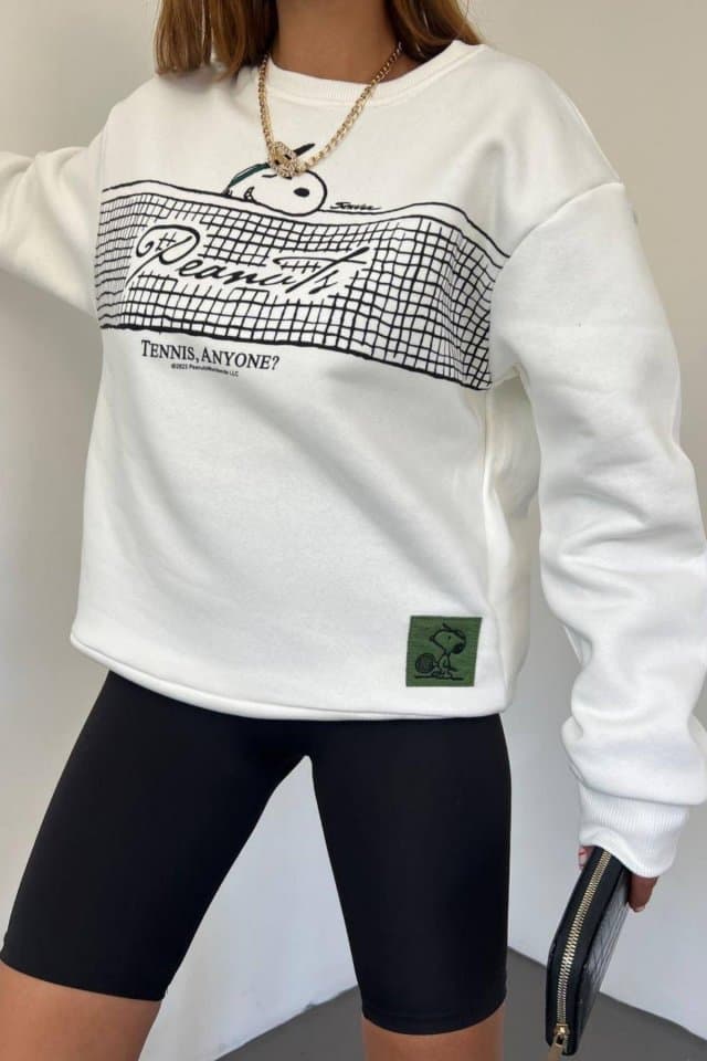 Snoopy Baskılı Şardonlu Sweat Beyaz