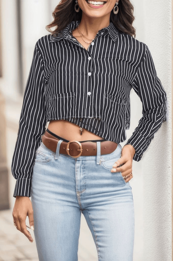 Çizgili Crop Gömlek Siyahbeyaz