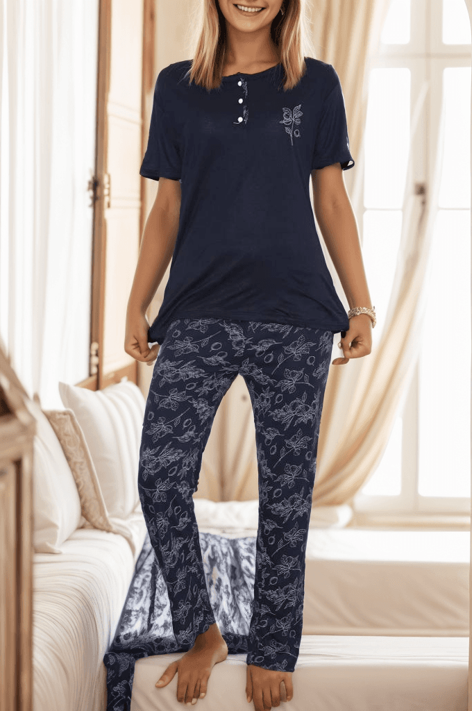 Desenli Pijama Takımı Lacivert
