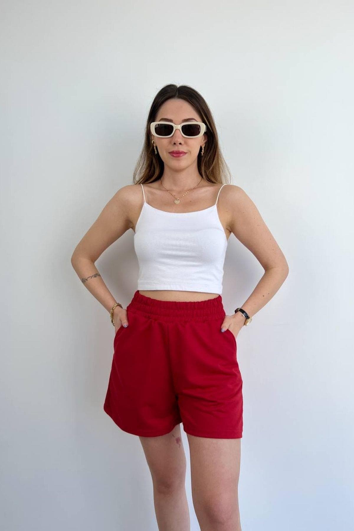 Hannah Bel Lastikli Basic Penye Şort Kırmızı