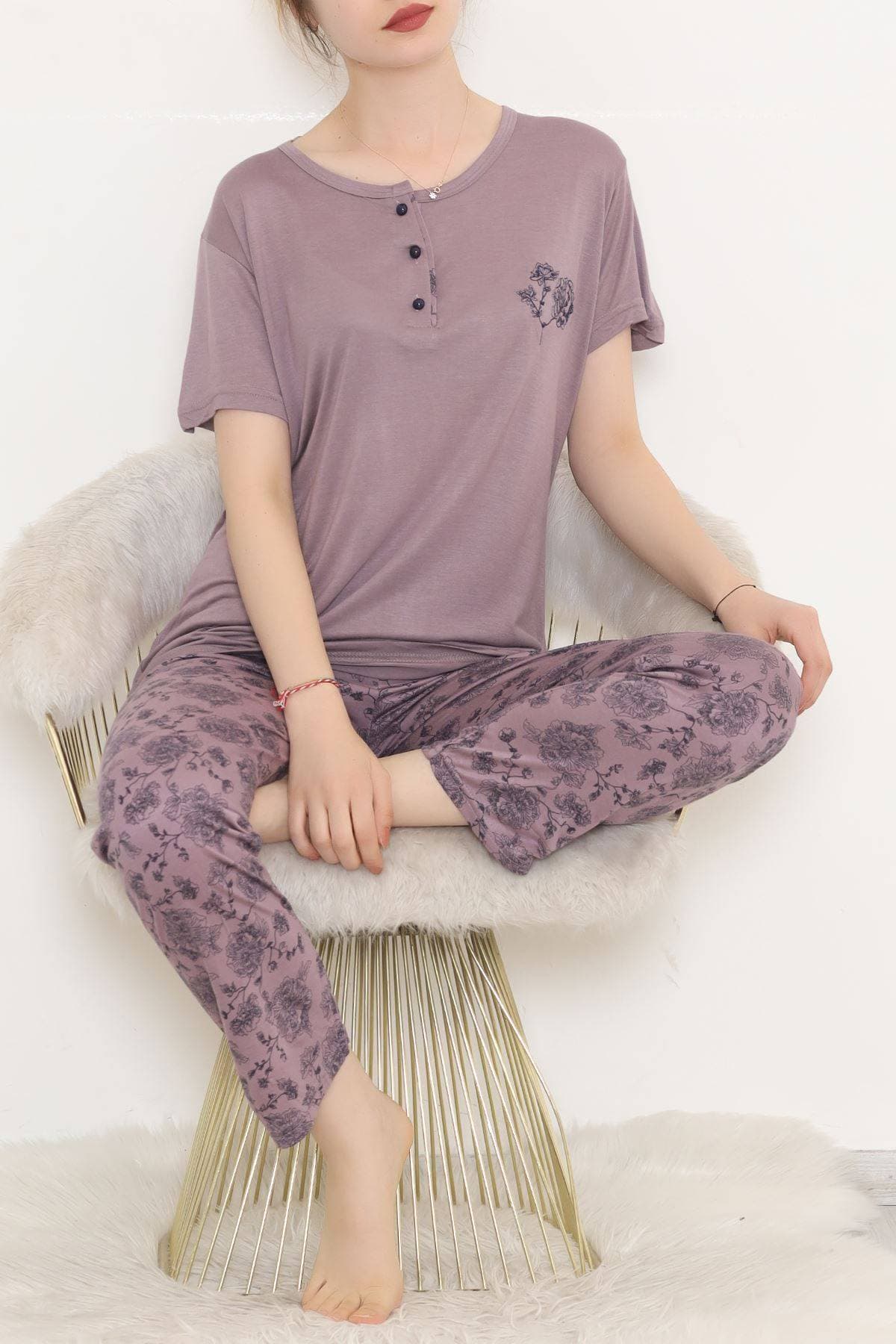 Desenli Pijama Takımı Eflatun