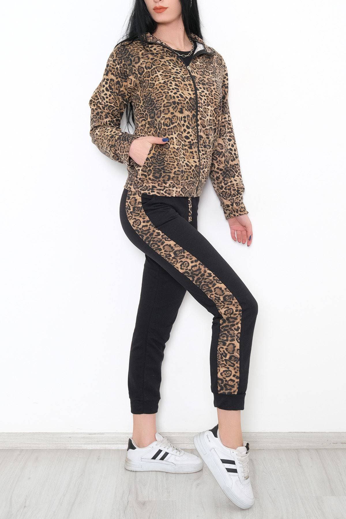 Leopar Fermuarlı Takım Siyah