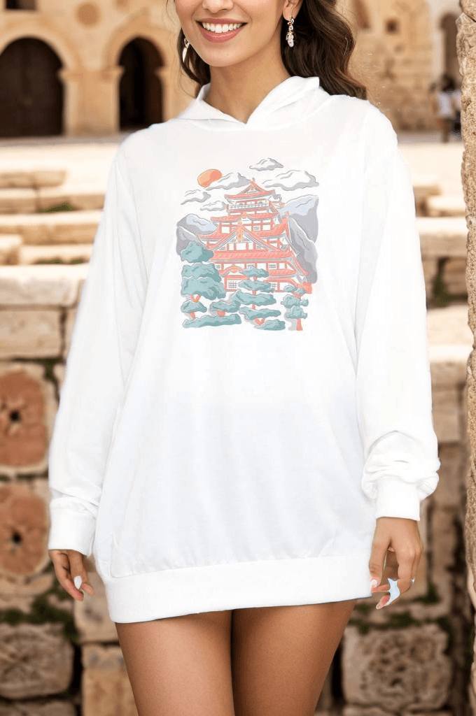 Kapşonlu Baskılı Sweat Beyaz