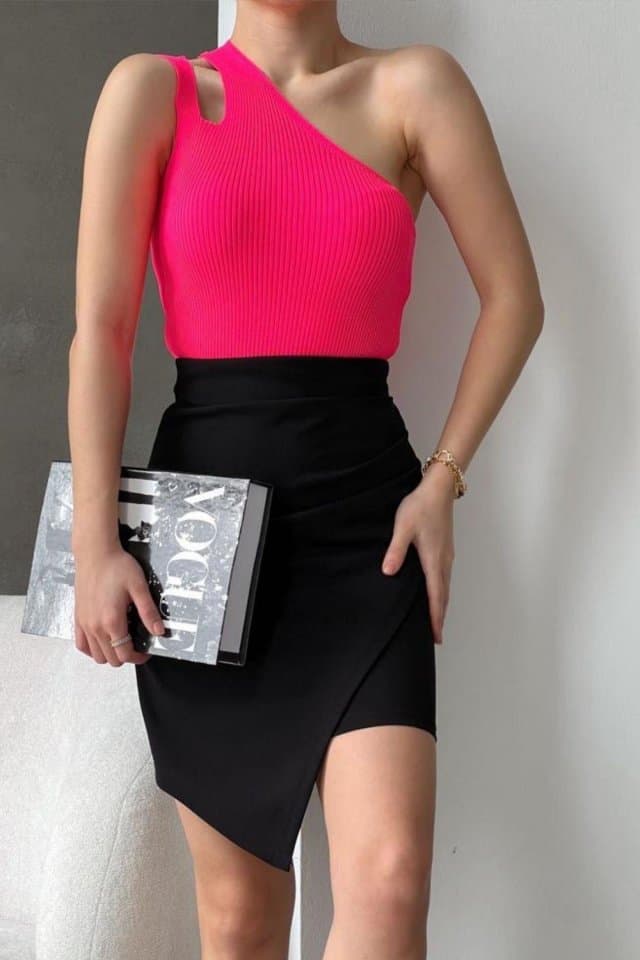 Omuz Detaylı Triko Bluz Fuşya