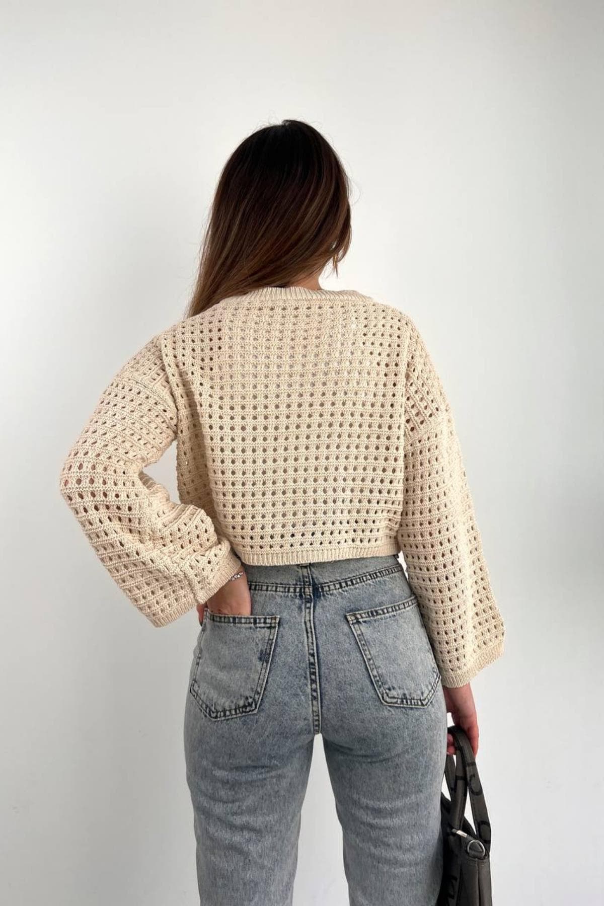 Fitilli Uzun Kollu Crop Bej