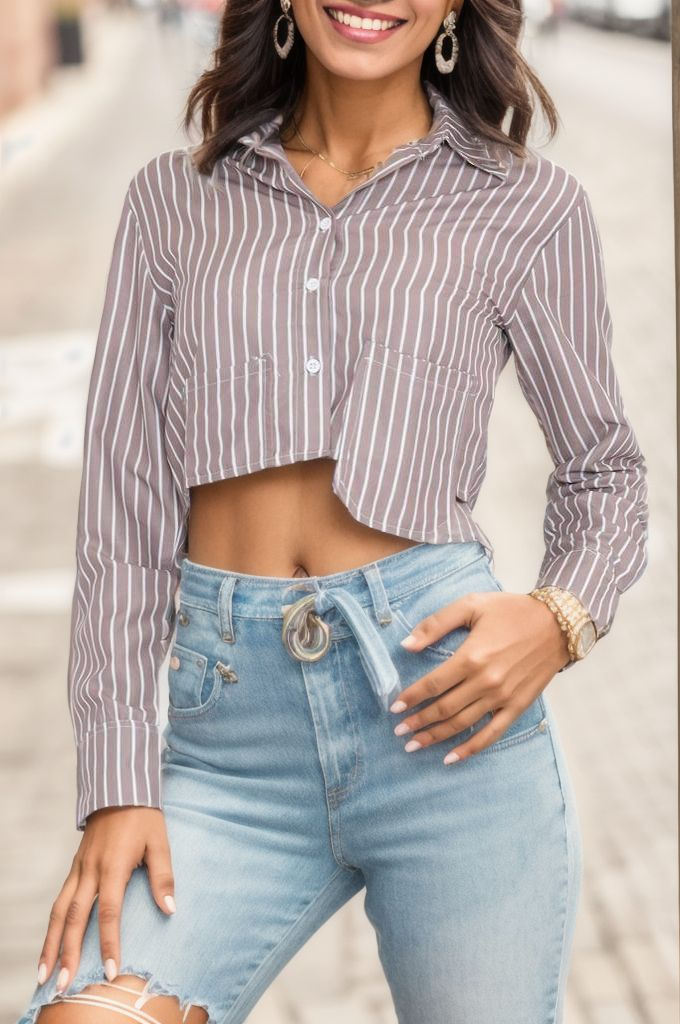 Çizgili Crop Gömlek Vizonbeyaz