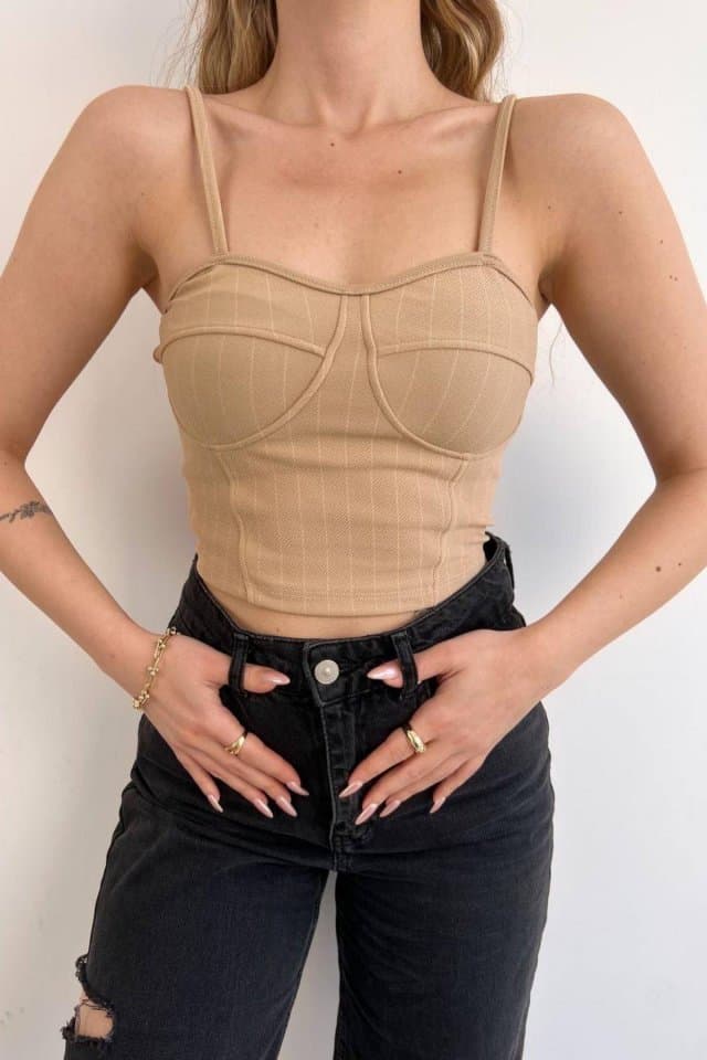 İnce Askılı Büstiyer Crop Bej
