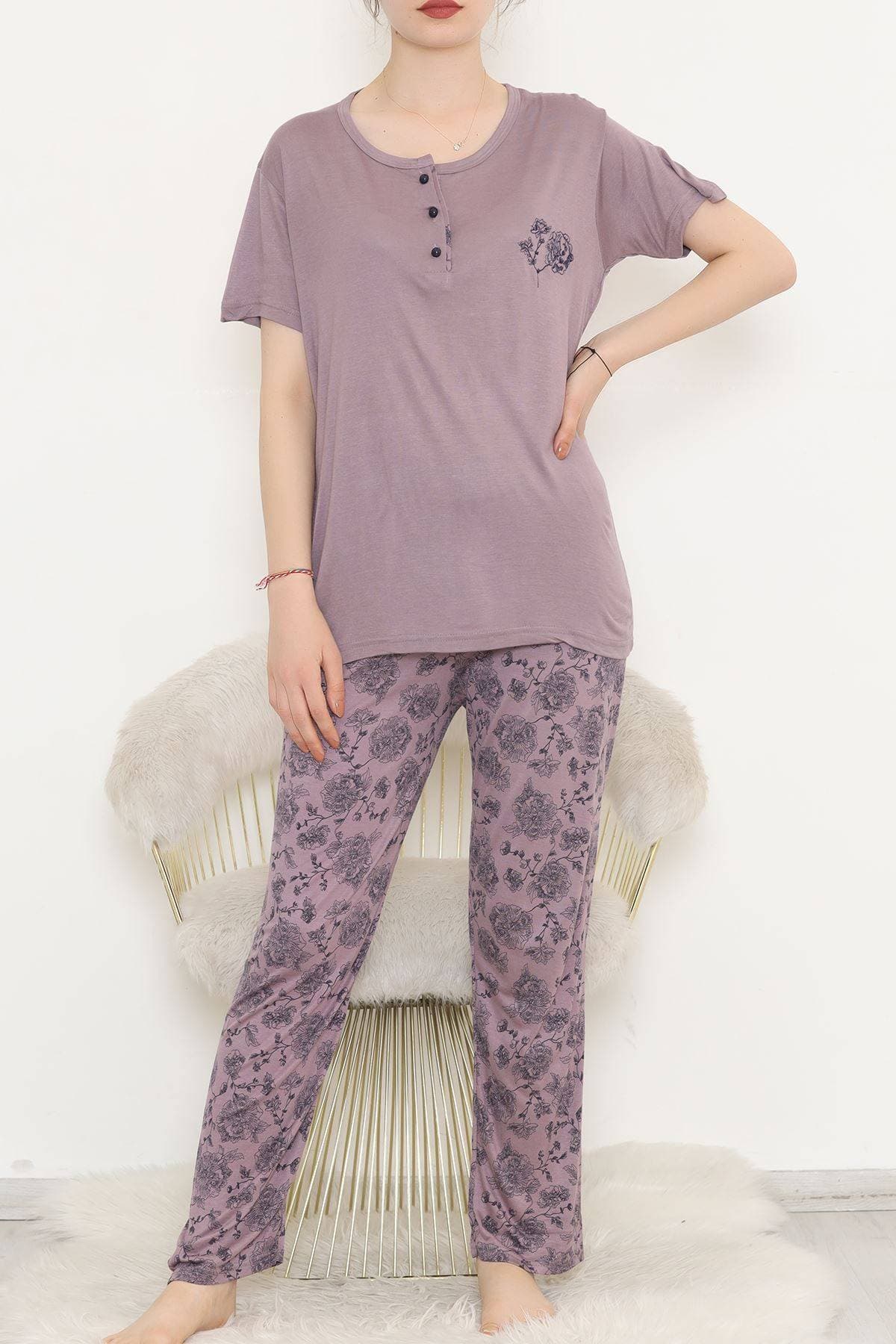 Desenli Pijama Takımı Eflatun