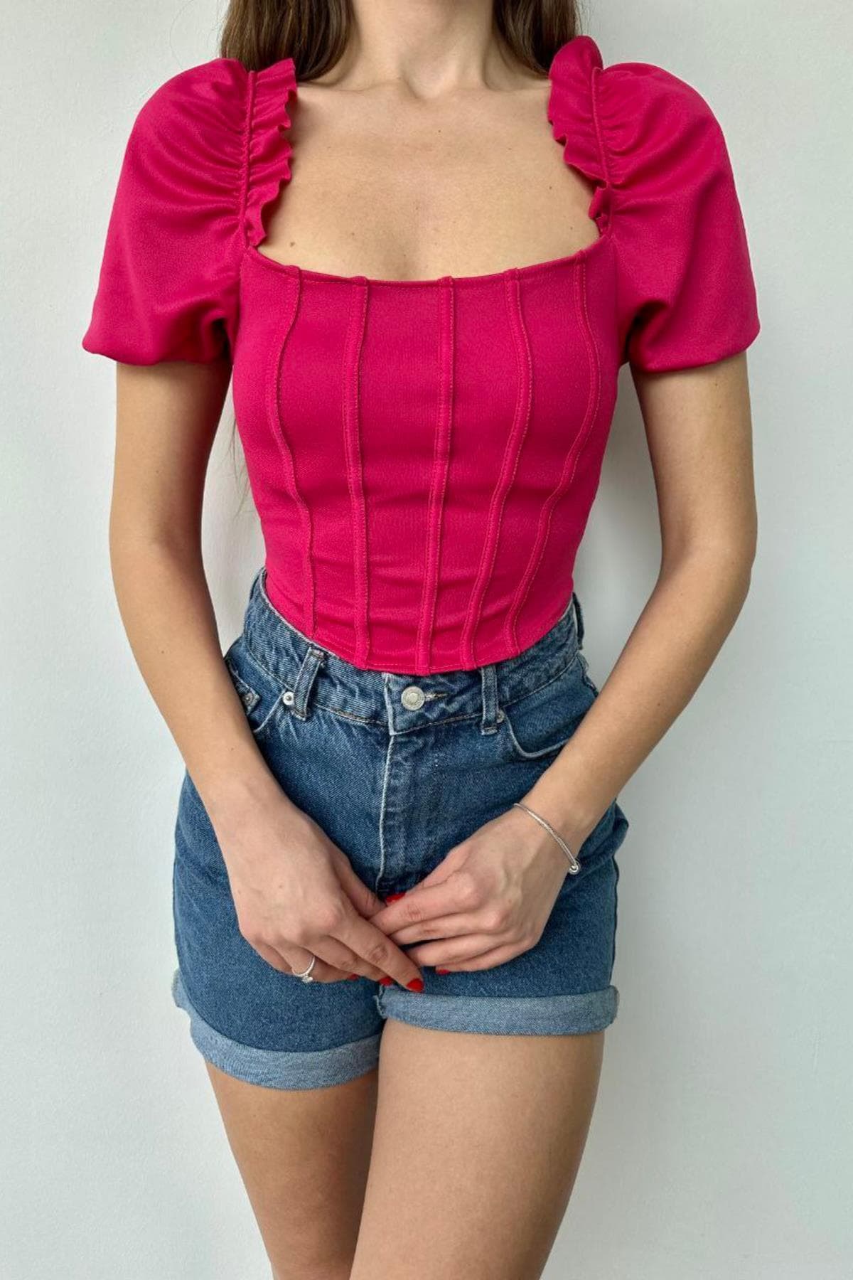 Balon Kol Büstiyer Crop Fuşya