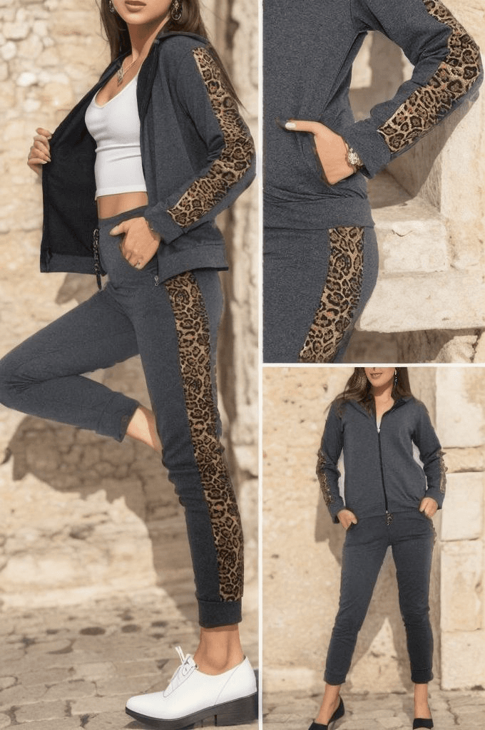 Leopar Detaylı Fermuarlı Takım Antrasit