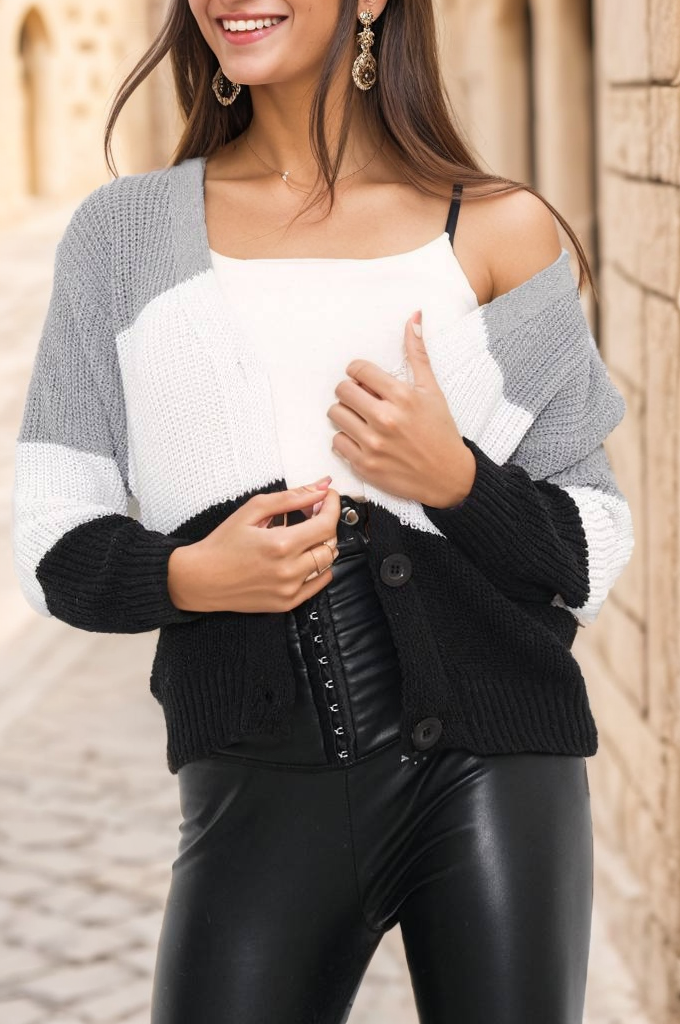 Üç Renk Crop Hırka Gri