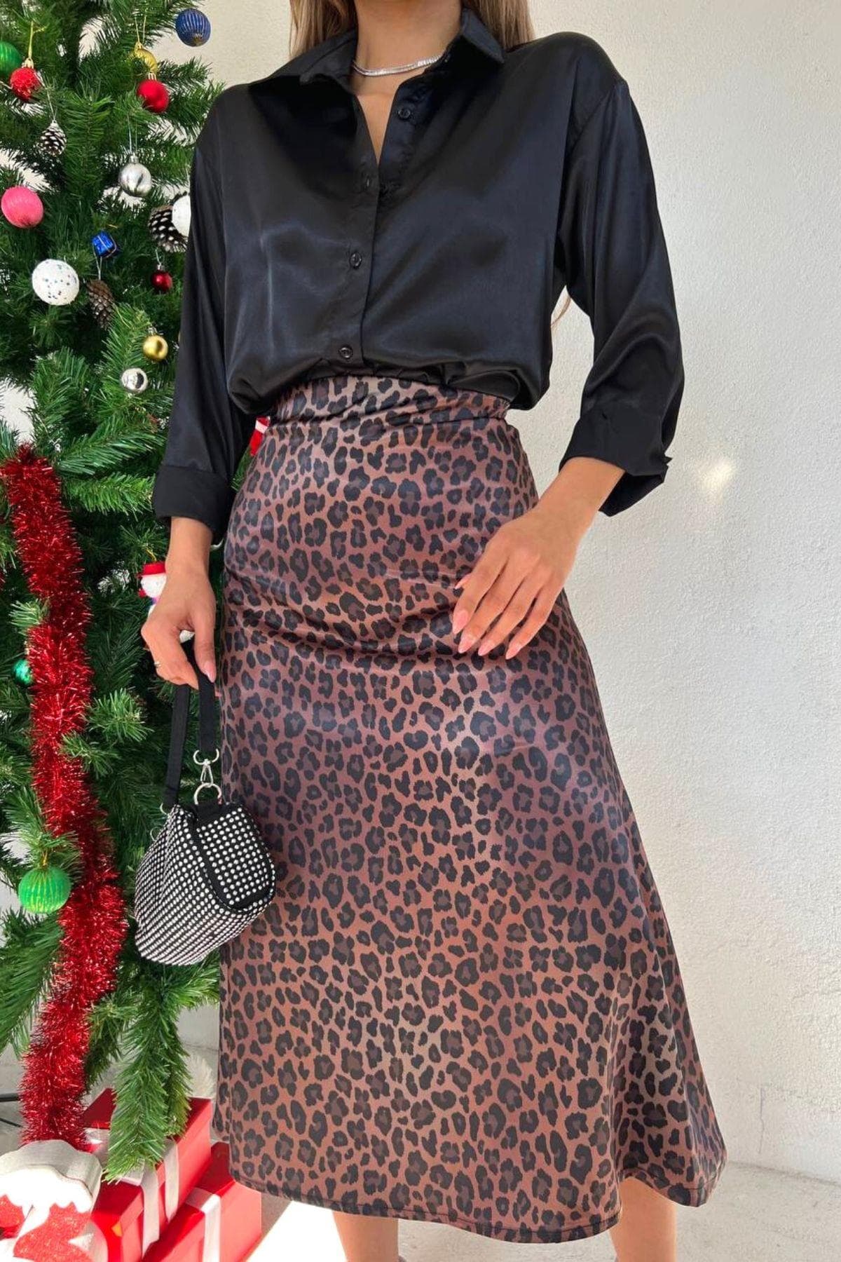 Leopar Desenli Saten Etek Kahve
