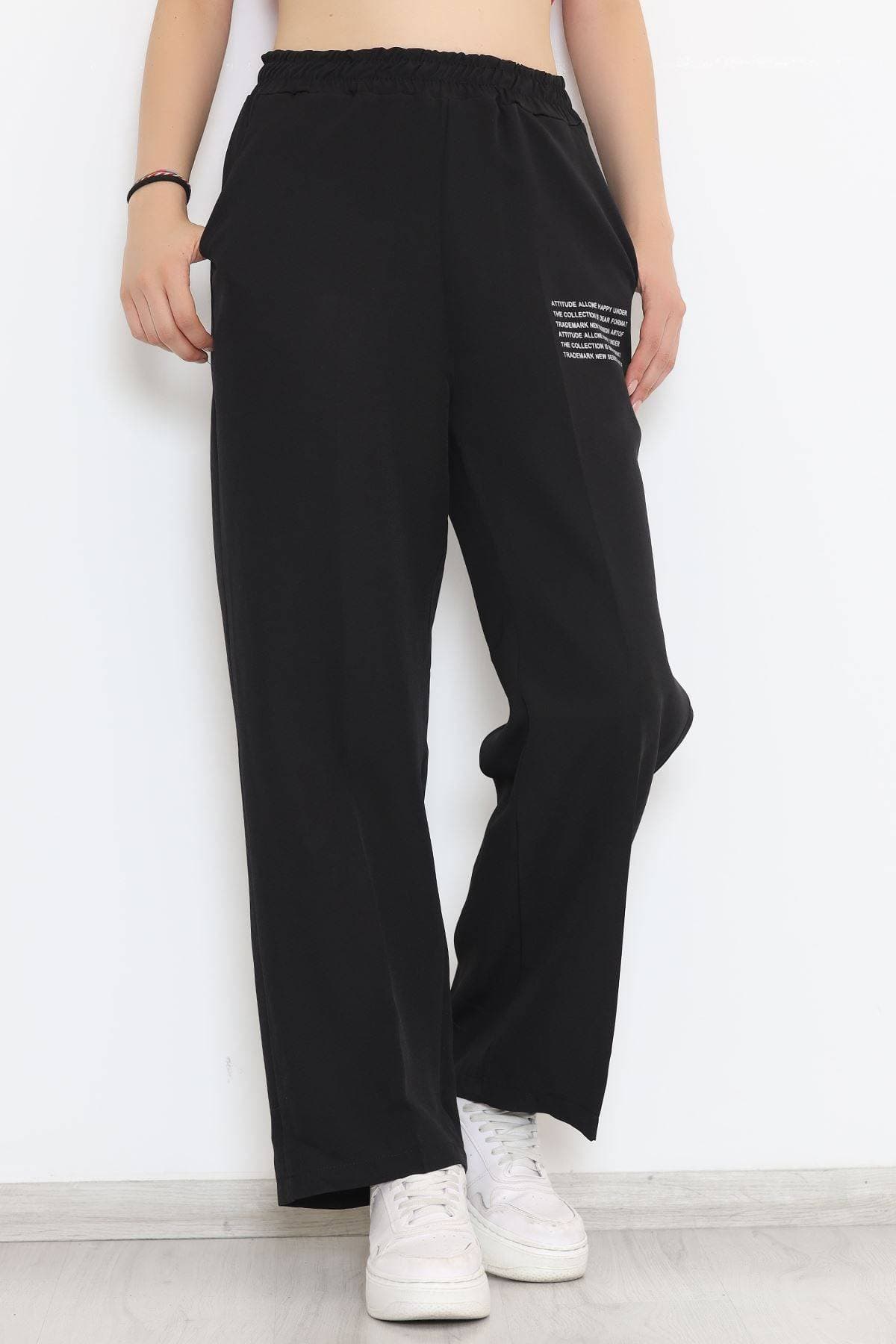 Beli Lastikli Baskılı Pantolon Siyah