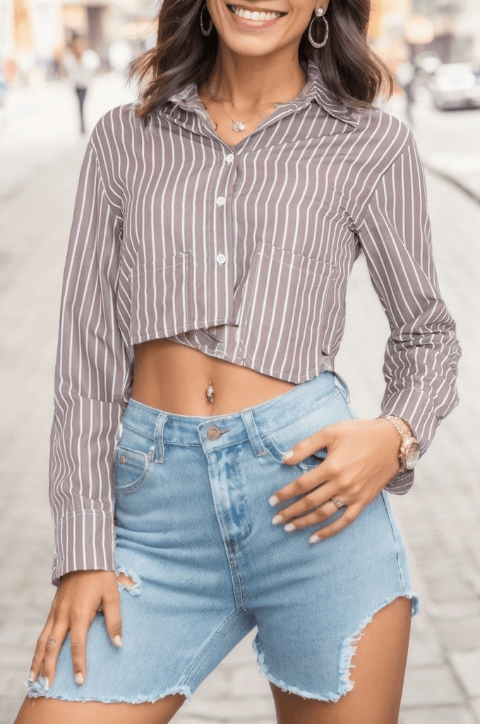 Çizgili Crop Gömlek Vizonbeyaz