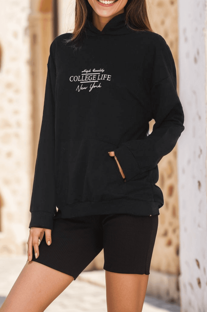 Kanguru Cep Baskılı Sweat Siyah