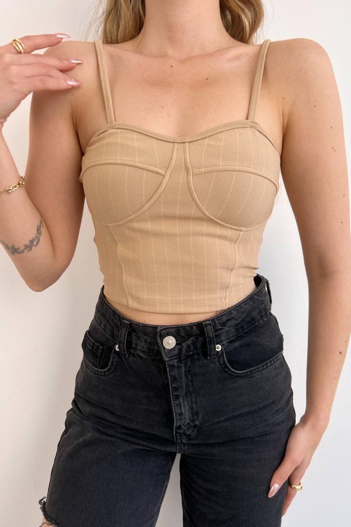 İnce Askılı Büstiyer Crop Bej