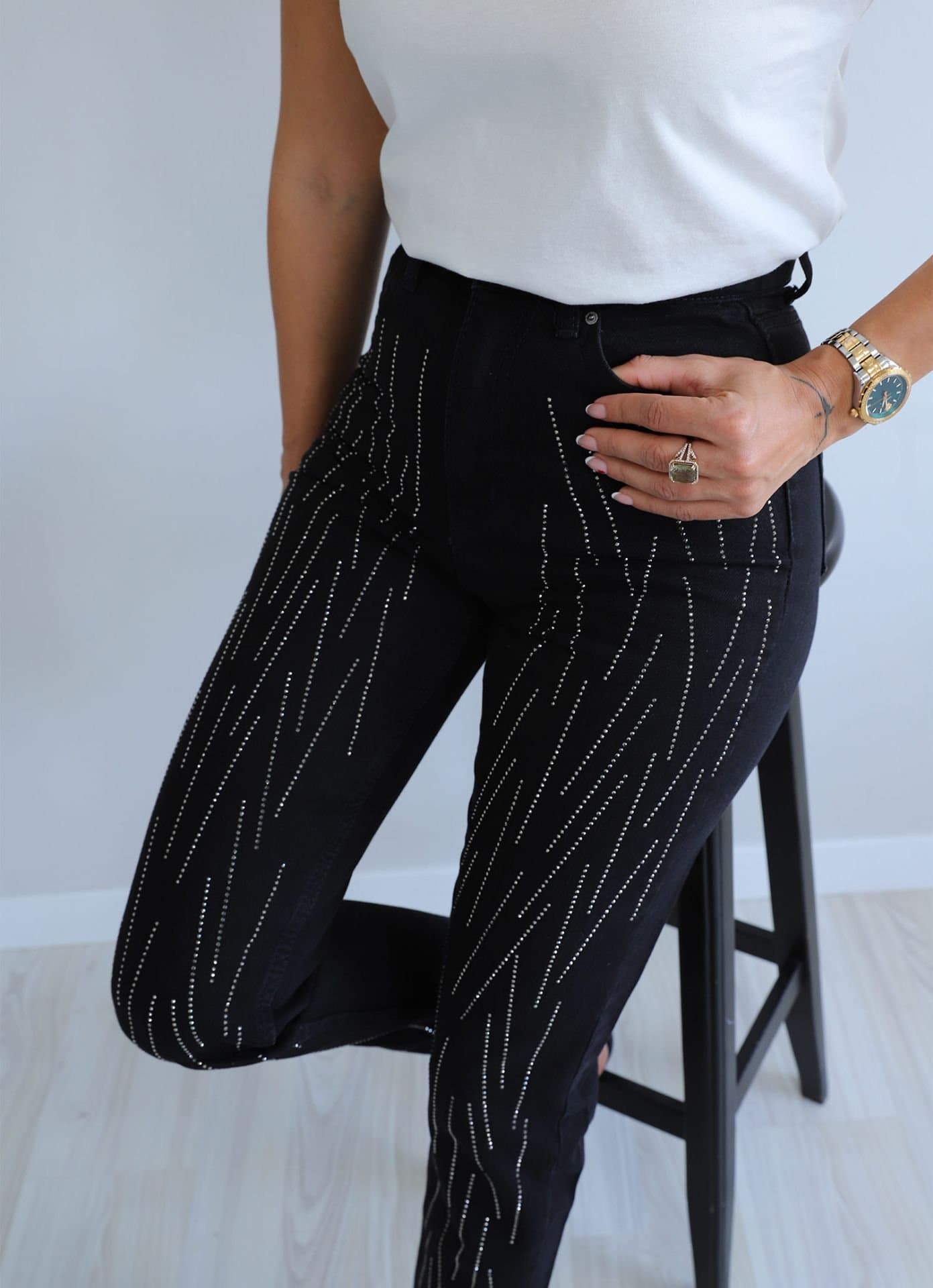 Kadın Yüksek Bel Taş çubuk Taş Işlemeli Mom Jeans Kot Pantolon