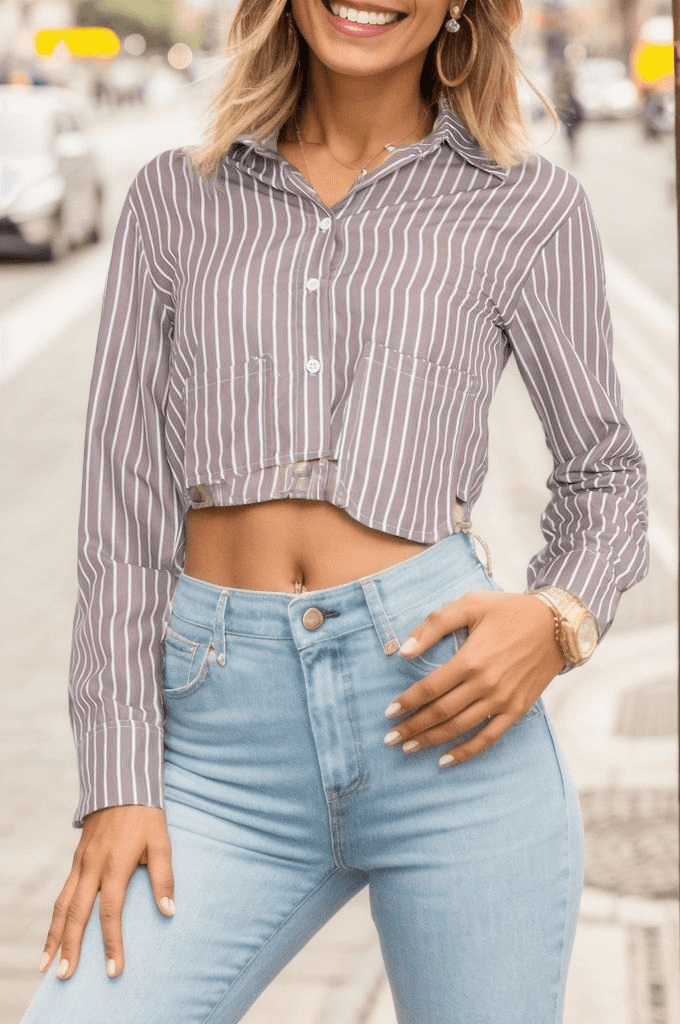 Çizgili Crop Gömlek Vizonbeyaz