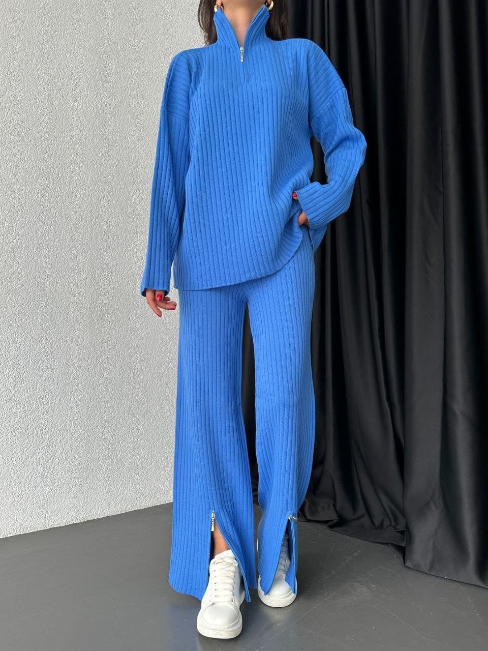 Kadın Uzun Kol üst Pijama Paçası Fermuar Detay Triko Kumaş Ikili Takım