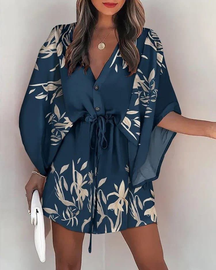 Kadın Oversize Dijital Baskılı Düğme Ve Bağcık Detay Mini Elbise