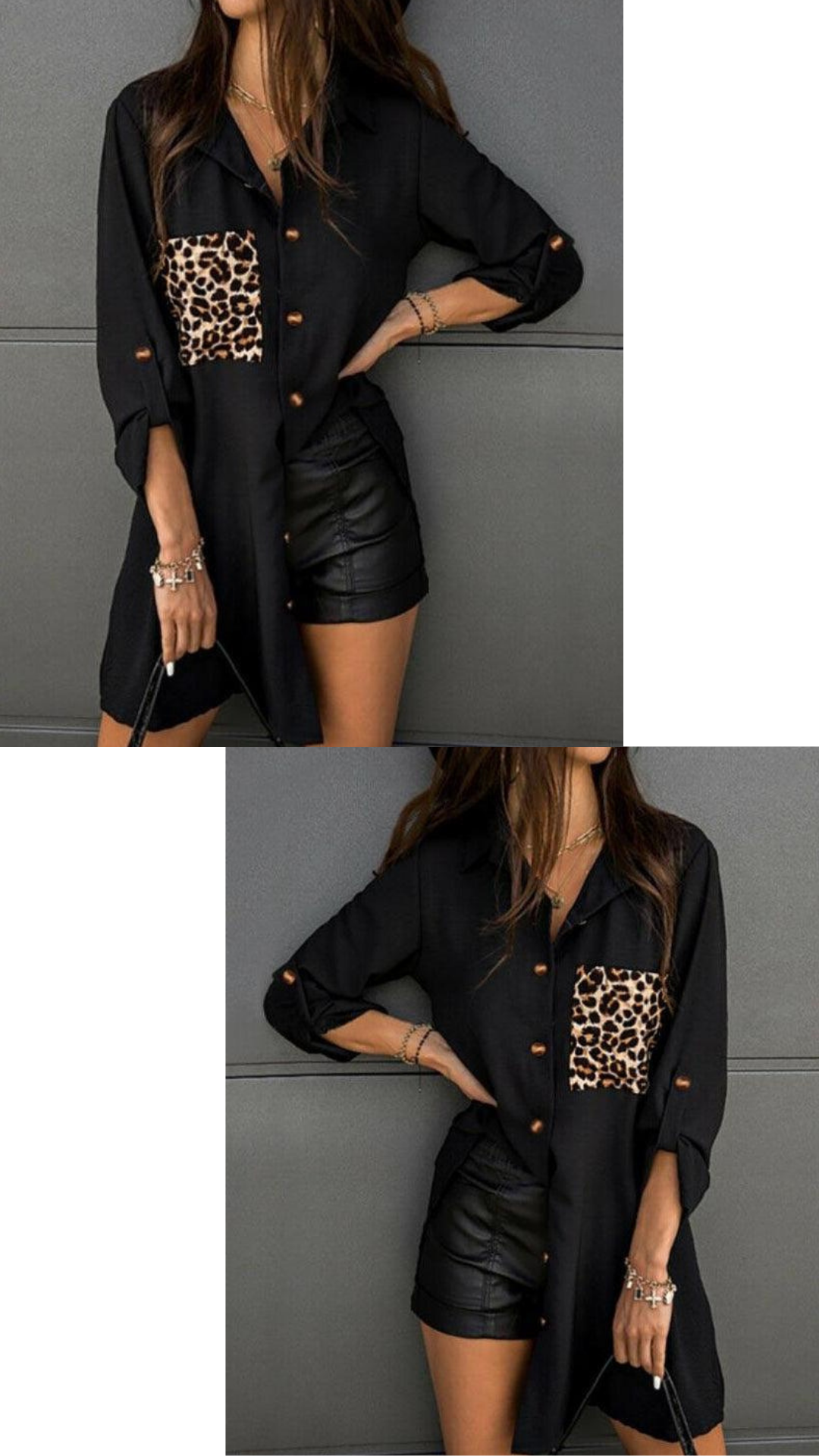 Kadın Leopar Cep Desenli Ayrobin Kumaş Oversize Gömlek