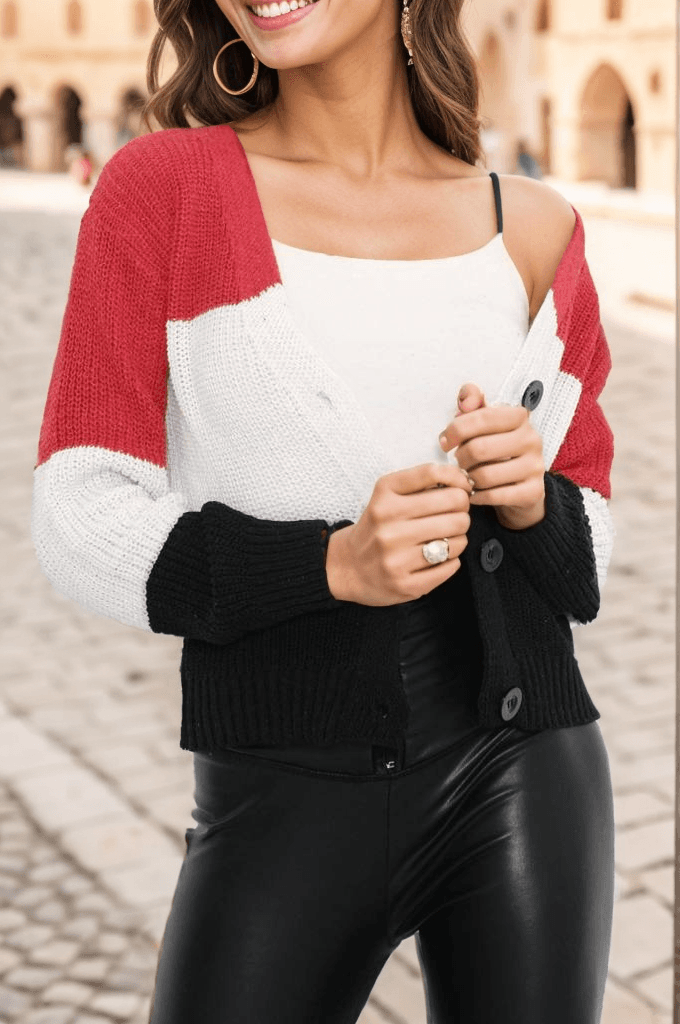 Üç Renk Crop Hırka Kırmızı