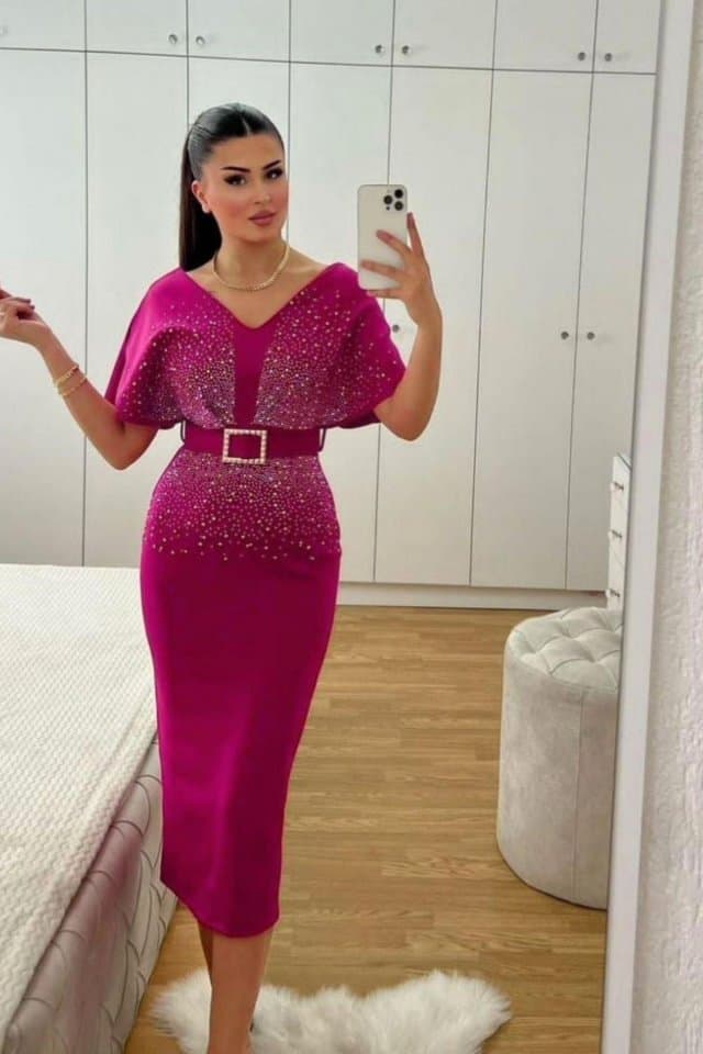 Kemerli Taşlı V Yaka Yarasa Kol Kalem Midi Abiye Elbise