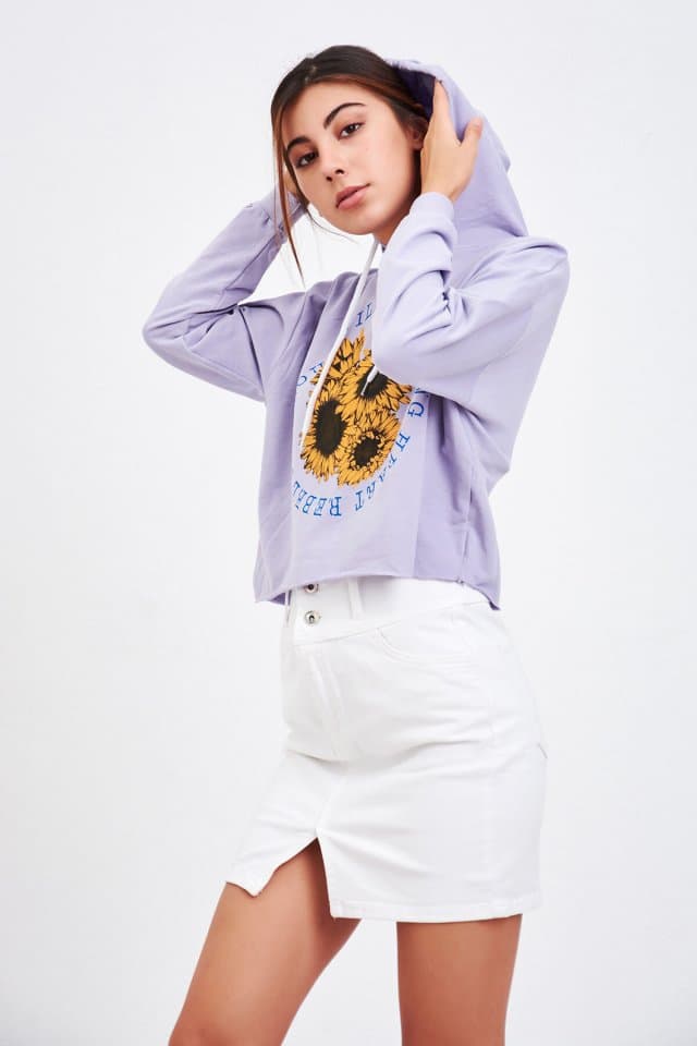 Baskılı Kısa Sweatshirt Lila