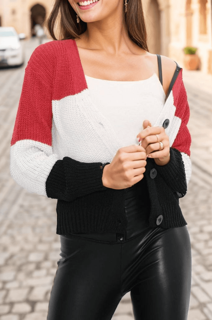 Üç Renk Crop Hırka Kırmızı