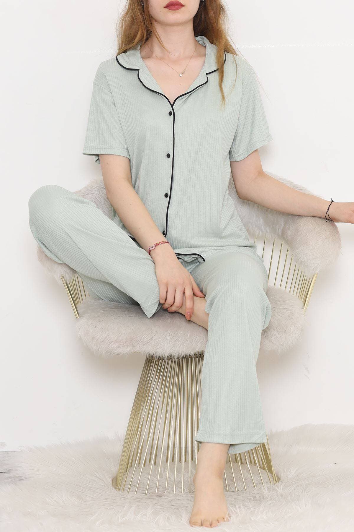 Fitilli Düğmeli Pijama Takımı Koyumint