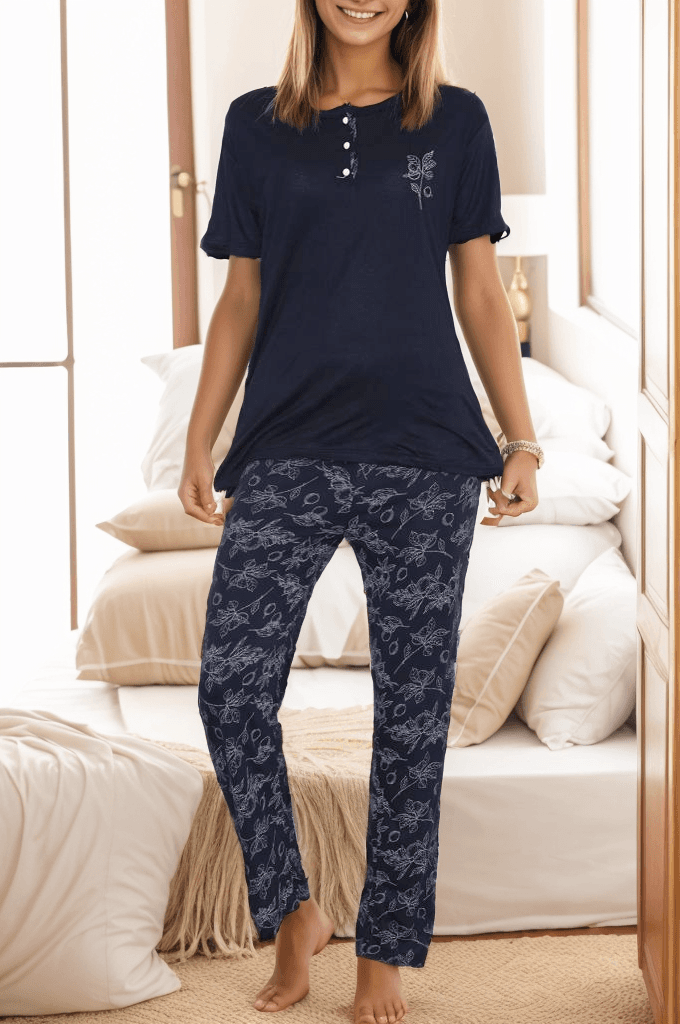 Desenli Pijama Takımı Lacivert