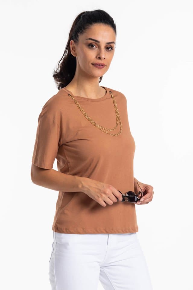 Kısa Kol Zincirli T-Shirt Vizon