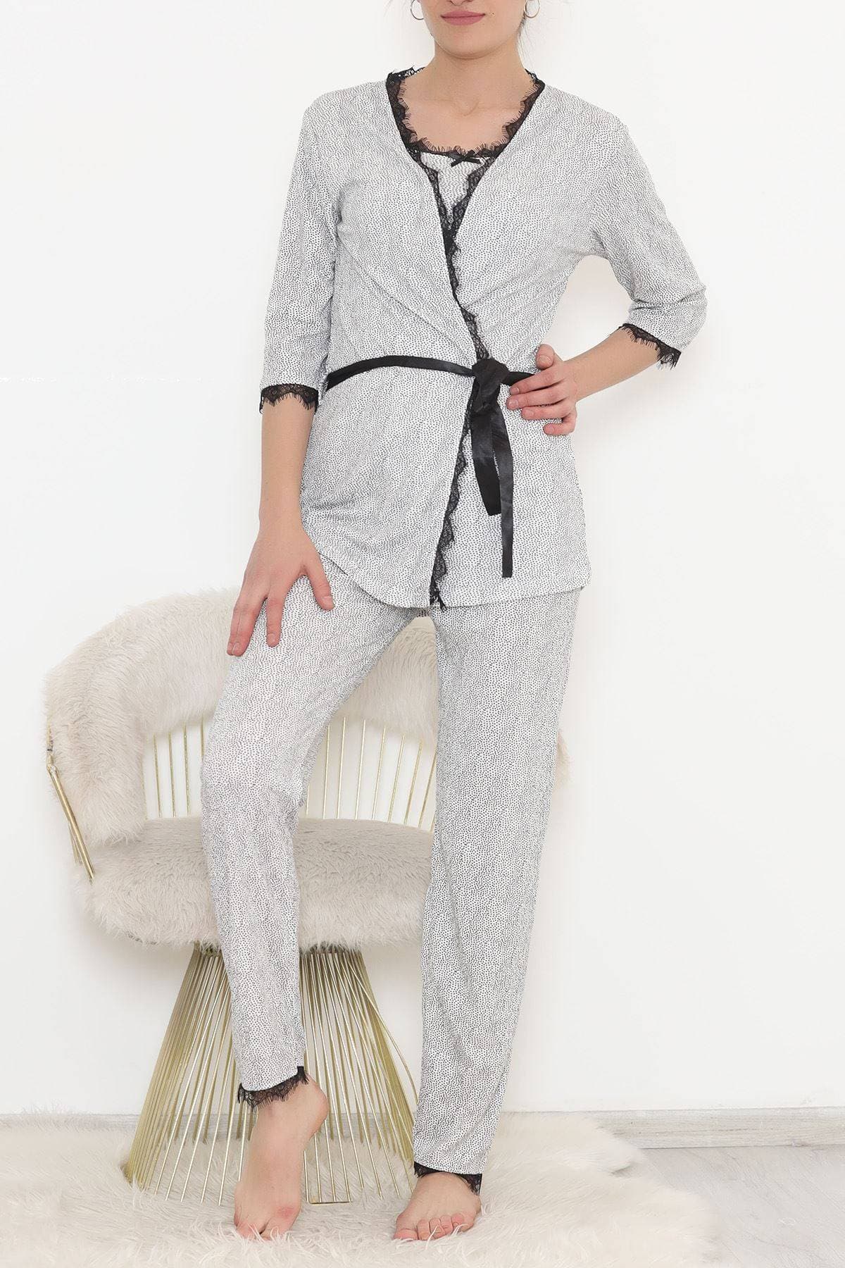 Desenli Lü Pijama Takımı Beyazpuanlı