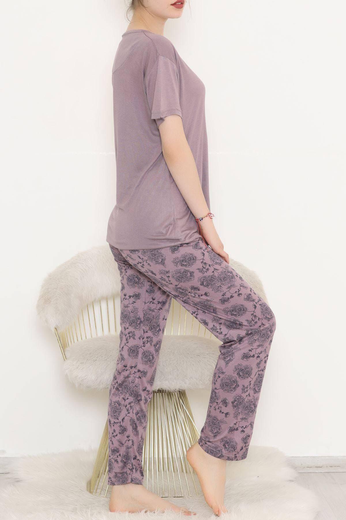 Desenli Pijama Takımı Eflatun