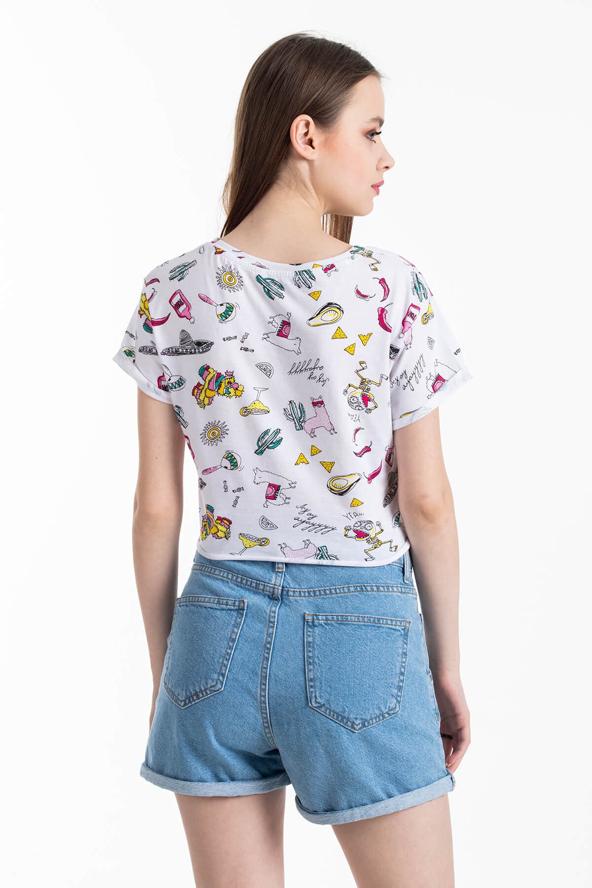 Desenli Bağlamalı T-Shirt Beyaz