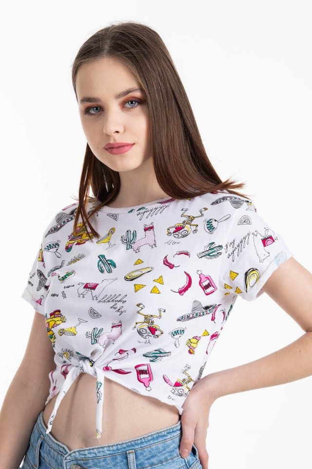 Desenli Bağlamalı T-Shirt Beyaz