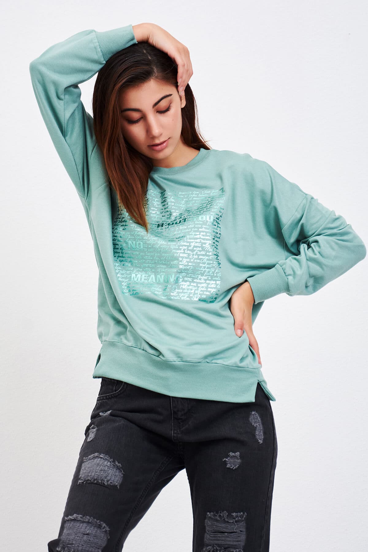 Parlak Yazı Detaylı Sweat Mint