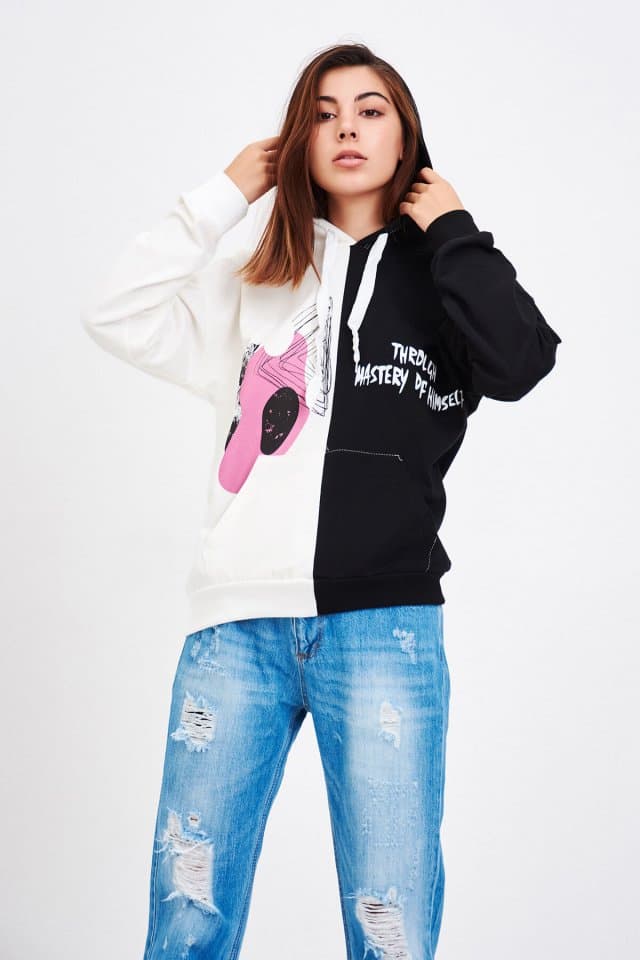 Çift Renk Baskılı Sweatshirt Siyah