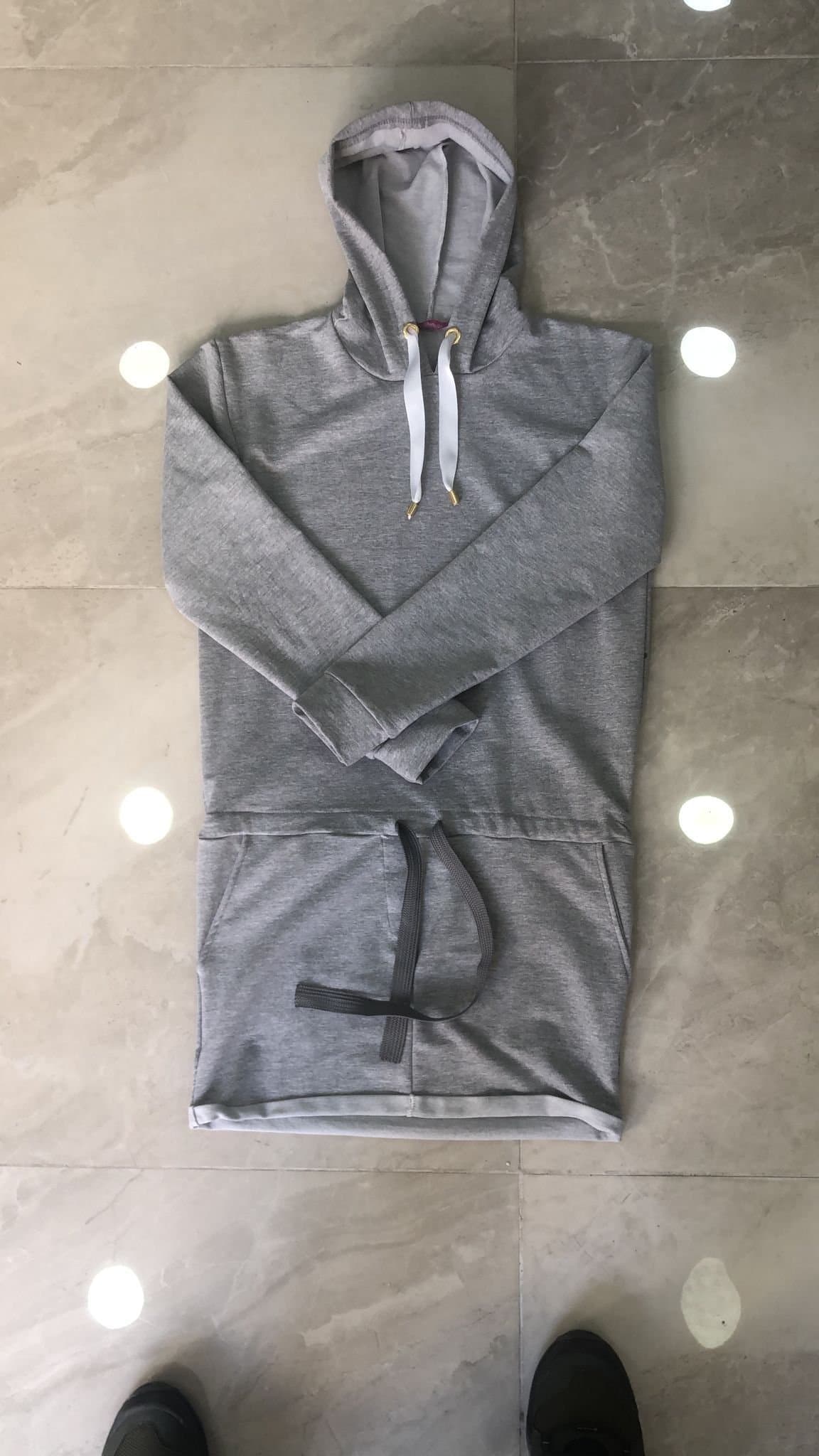 Adın Gri Kanguru Cepli Kapşonlu Iki Iplik Kumaş Mini Sweat Elbise