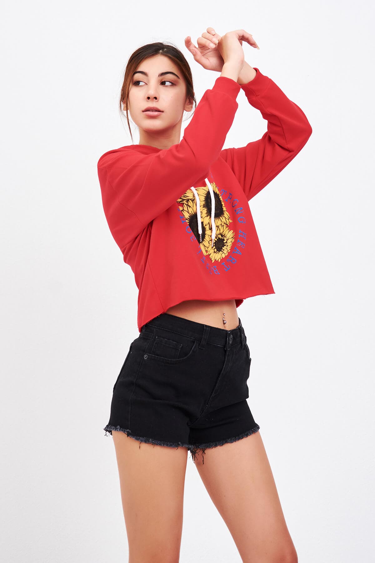 Baskılı Kısa Sweatshirt Kırmızı