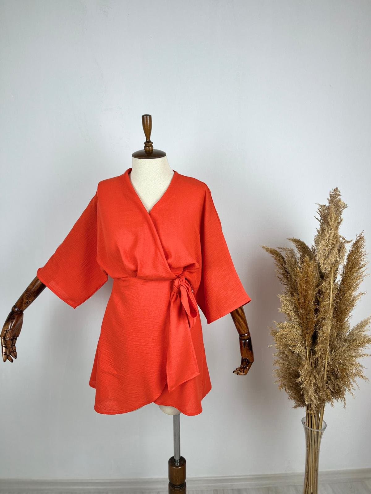 Kadın Fakir Kol Fiyonk Fetay Keten Kumaş Mini Kimono Elbise