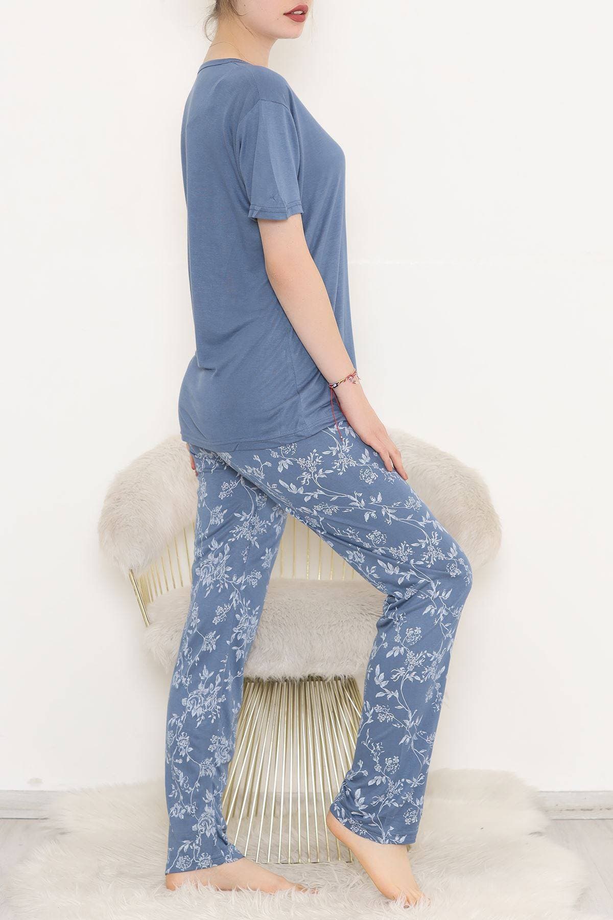 Desenli Pijama Takımı İndigobeyaz