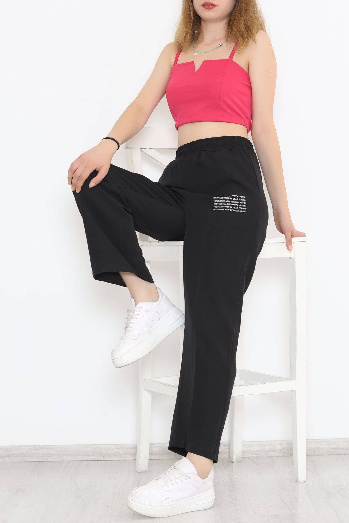 Beli Lastikli Baskılı Pantolon Siyah